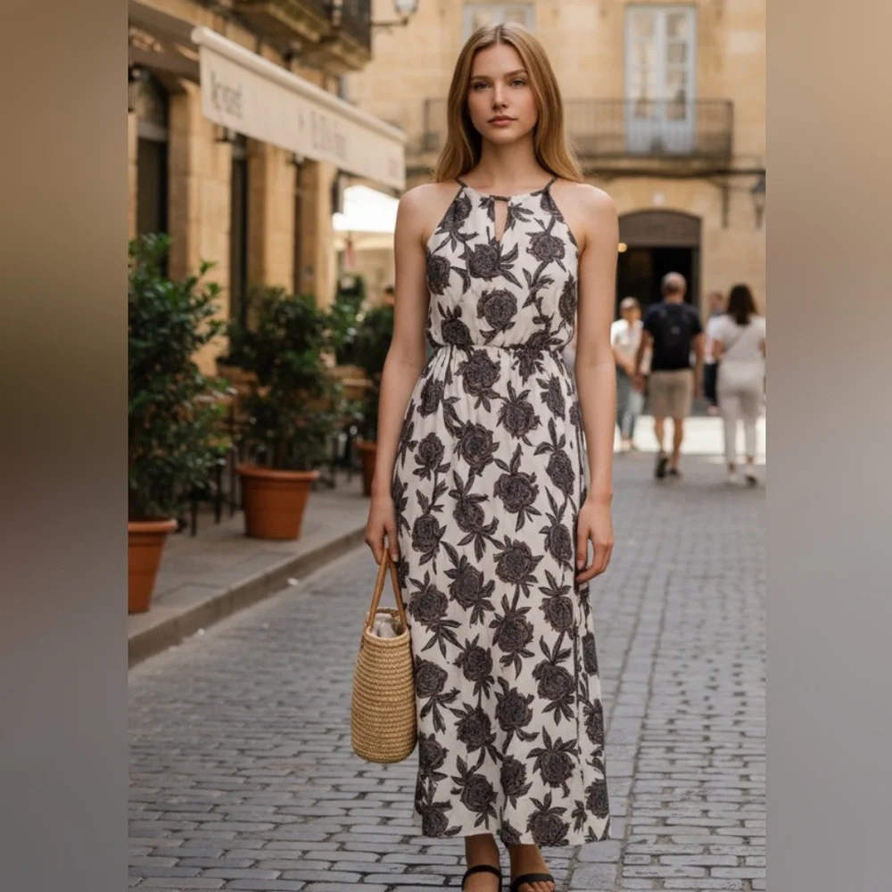 Abercrombie & Fitch Dress M Halter Black Key Hole Bodice Y2K Hippy Boho Maxi